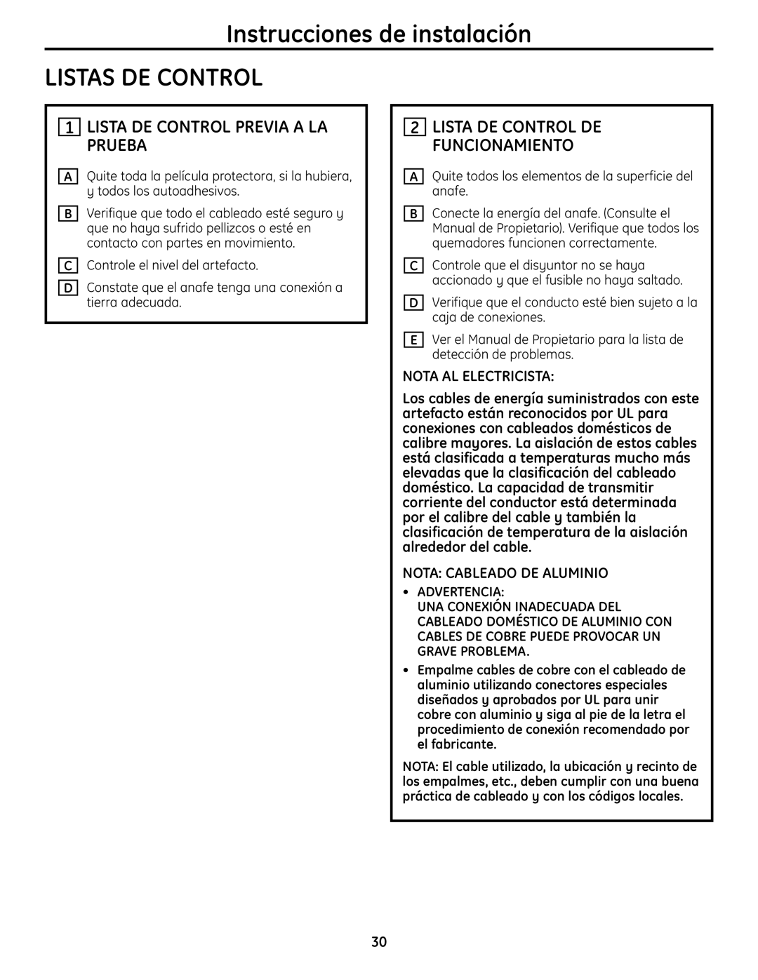 GE Monogram PHP960 warranty Listas DE Control, Lista DE Control Previa a LA Prueba, Lista DE Control DE Funcionamiento 