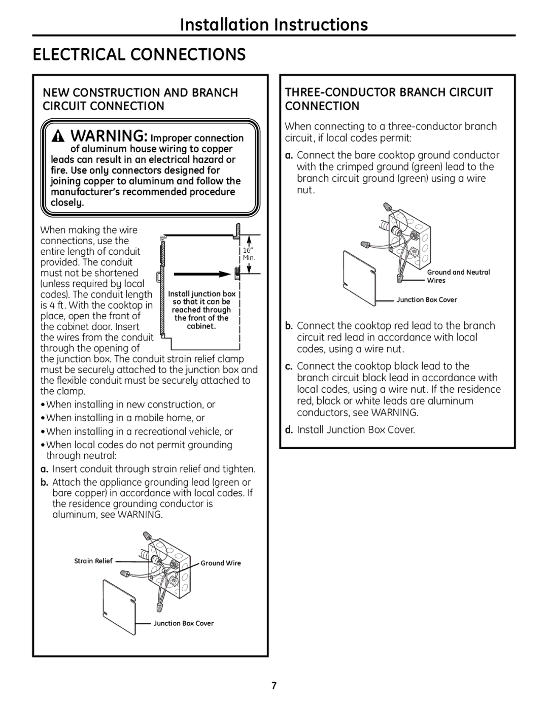 GE Monogram PHP960 warranty Electrical Connections, NEW Construction and Branch Circuit Connection 