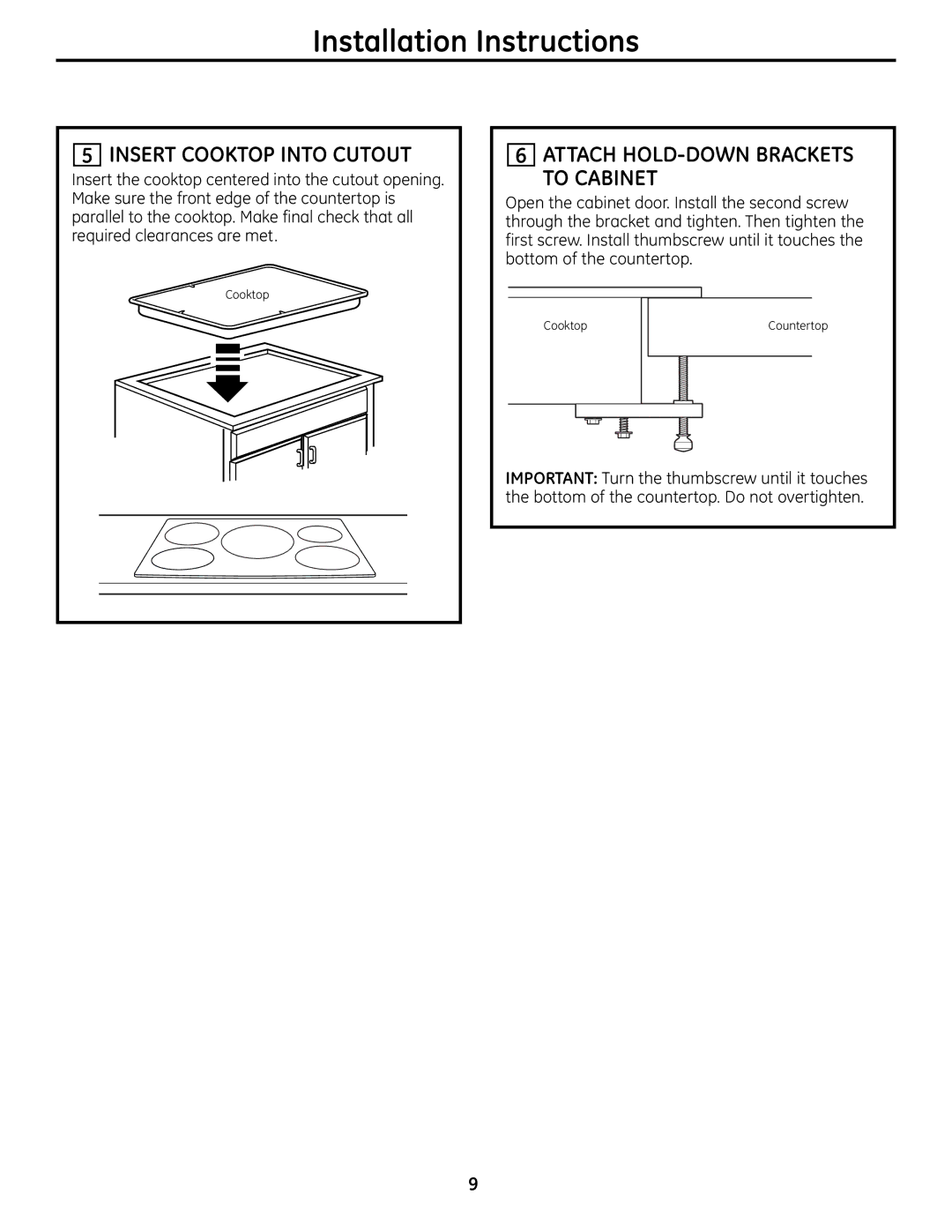 GE Monogram PHP960 warranty Insert Cooktop Into Cutout, Attach HOLD-DOWN Brackets to Cabinet 