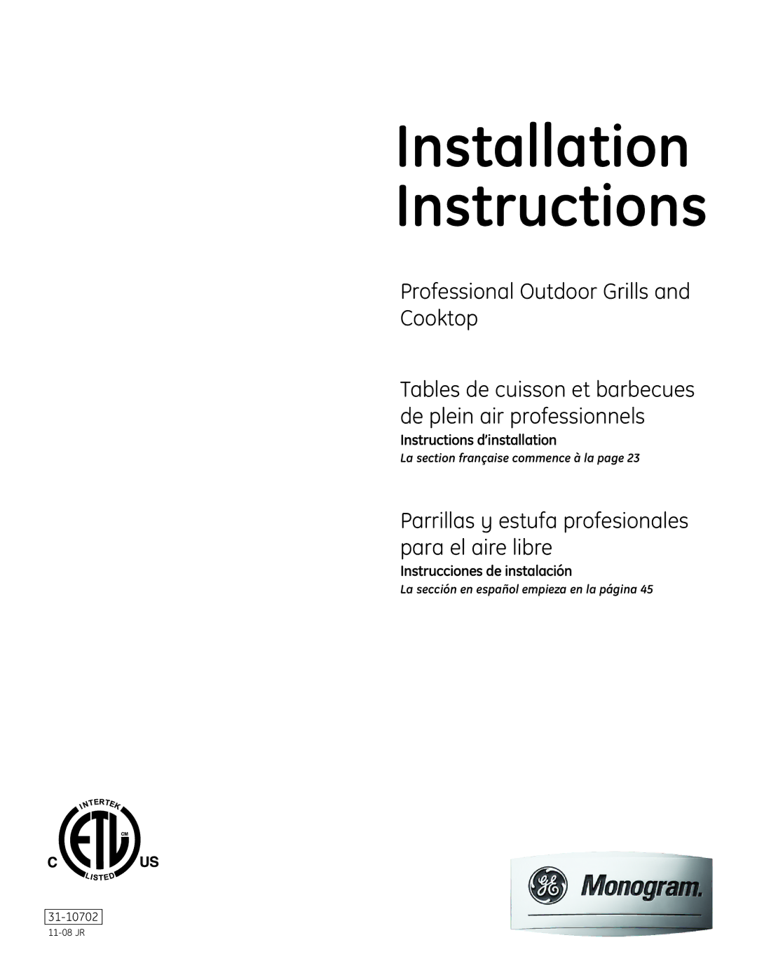 GE Monogram Professional Outdoor Grills and Cooktop installation instructions Instructions d’installation 