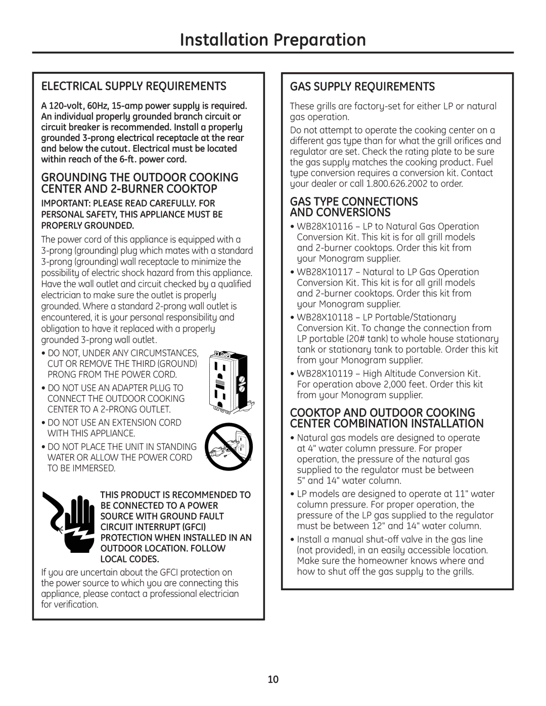 GE Monogram Professional Outdoor Grills and Cooktop Electrical Supply Requirements, GAS Supply Requirements 