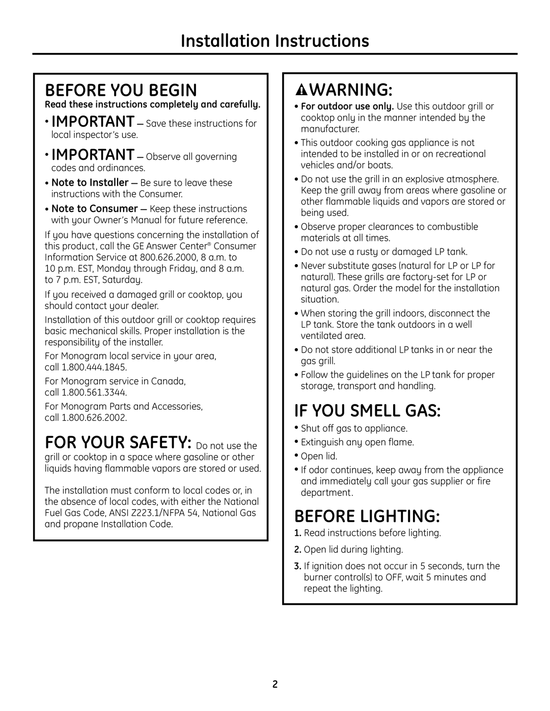 GE Monogram Professional Outdoor Grills and Cooktop installation instructions Before YOU Begin 