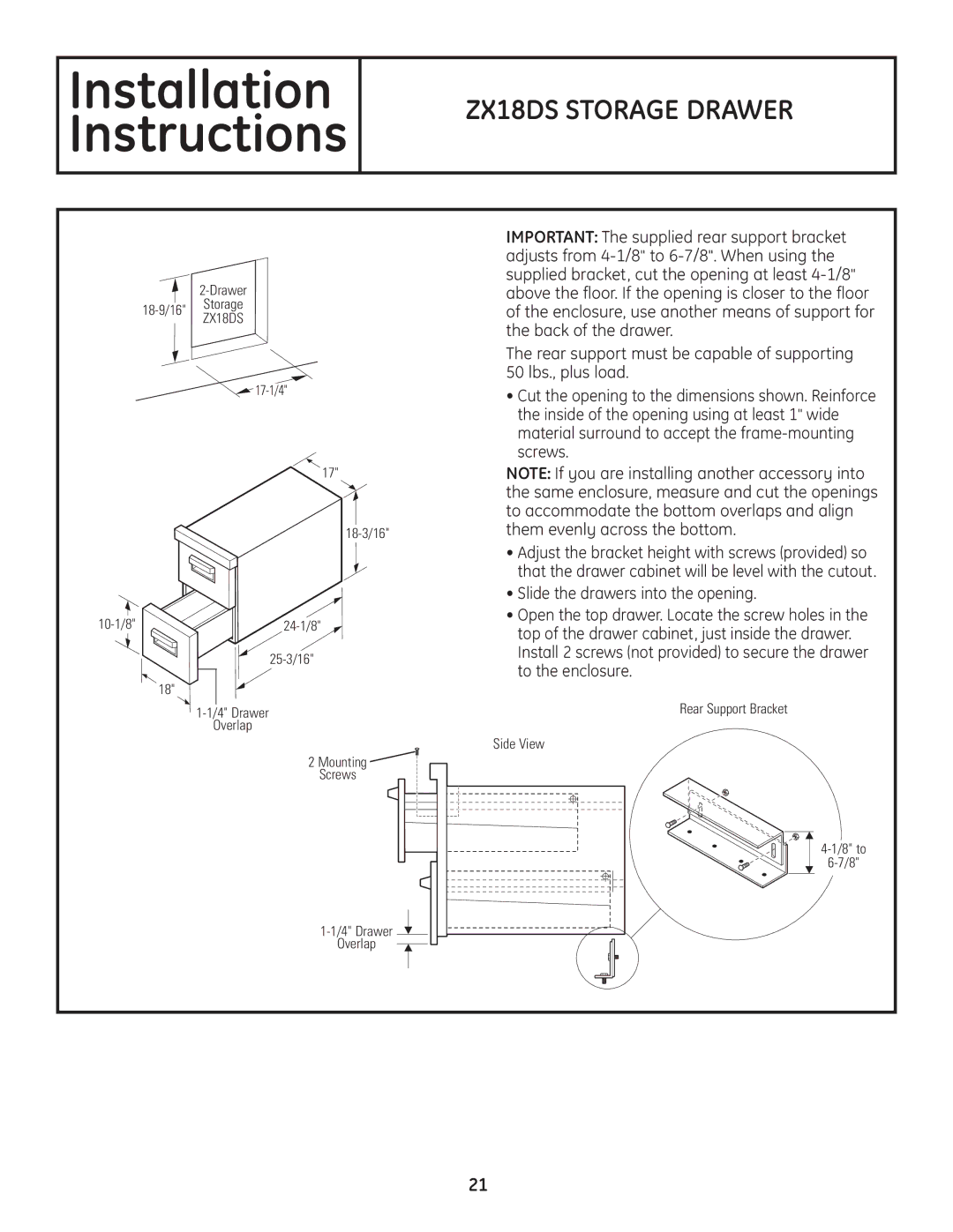 GE Monogram Professional Outdoor Grills and Cooktop installation instructions ZX18DS Storage Drawer 