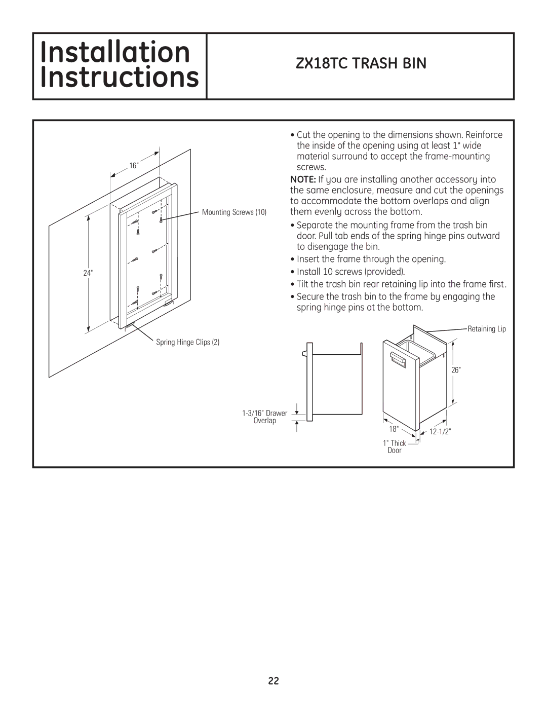 GE Monogram Professional Outdoor Grills and Cooktop installation instructions ZX18TC Trash BIN 