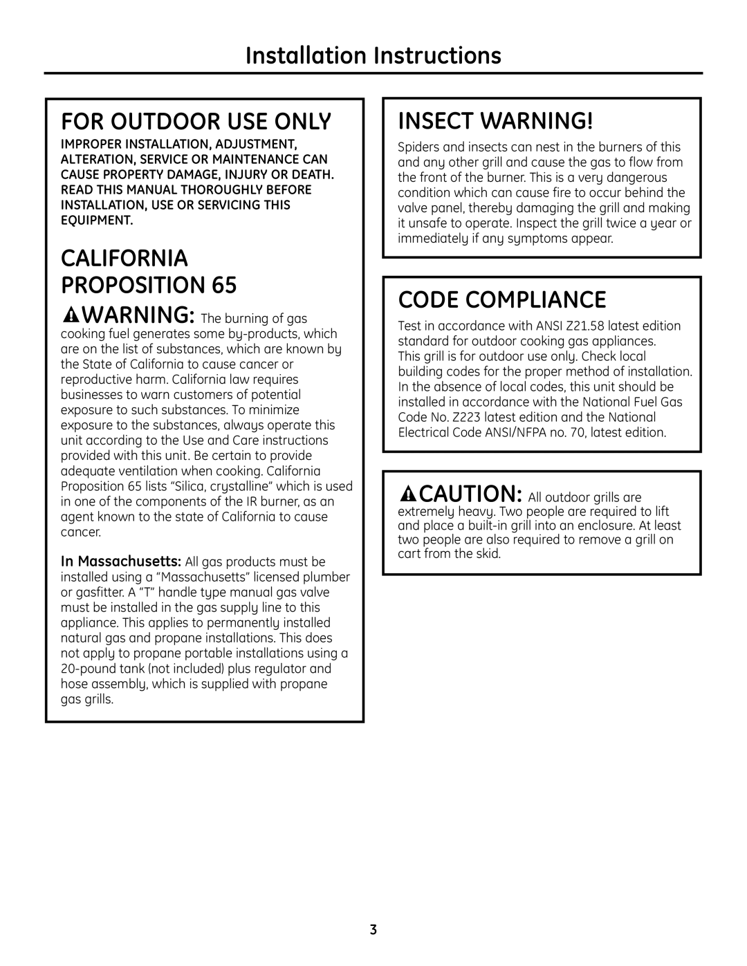 GE Monogram Professional Outdoor Grills and Cooktop installation instructions For Outdoor USE only 