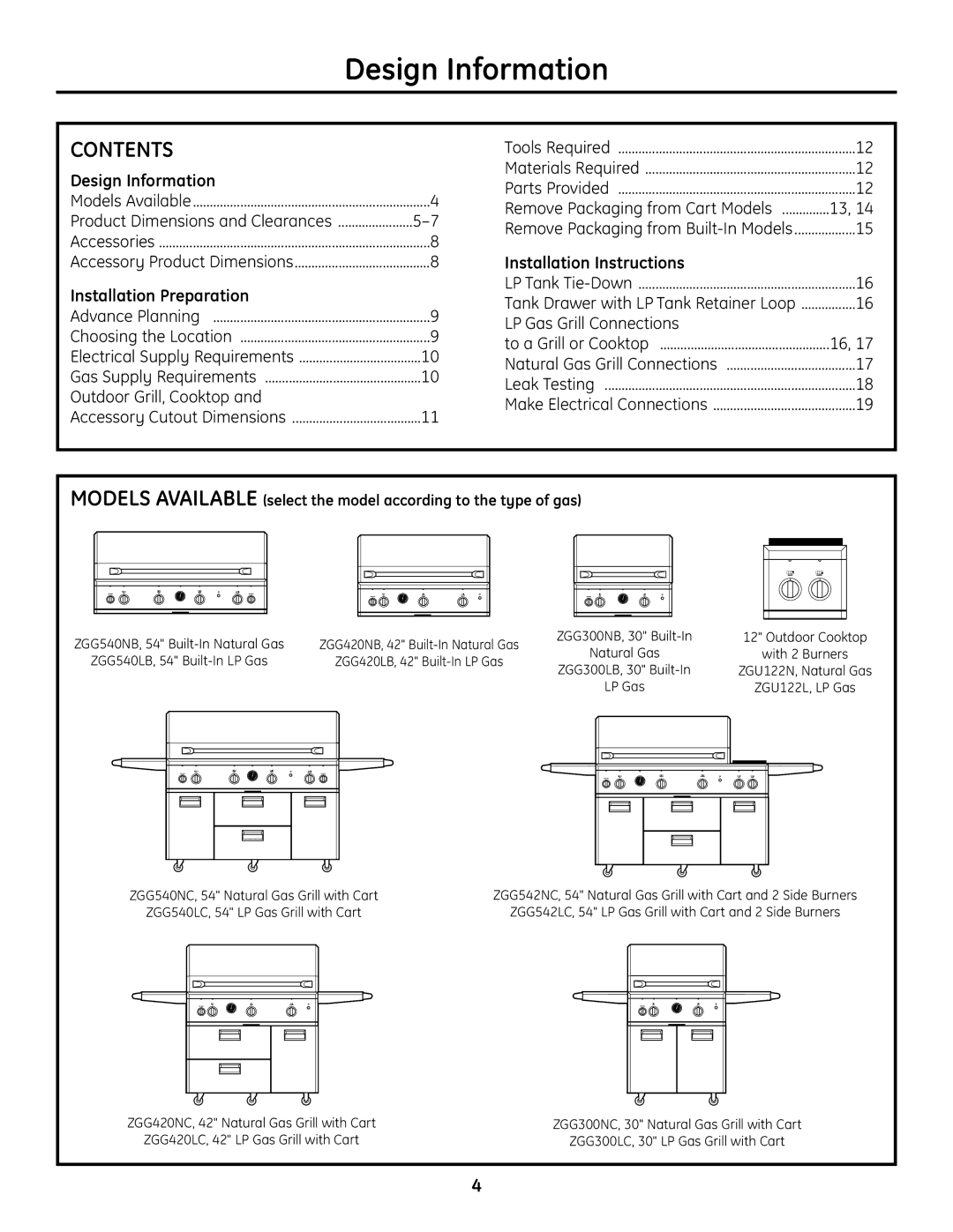 GE Monogram Professional Outdoor Grills and Cooktop installation instructions Design Information, Contents 