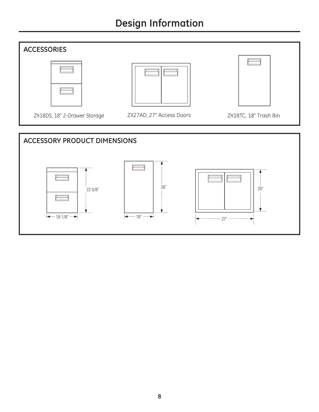 GE Monogram Professional Outdoor Grills and Cooktop installation instructions Accessories, Accessory Product Dimensions 