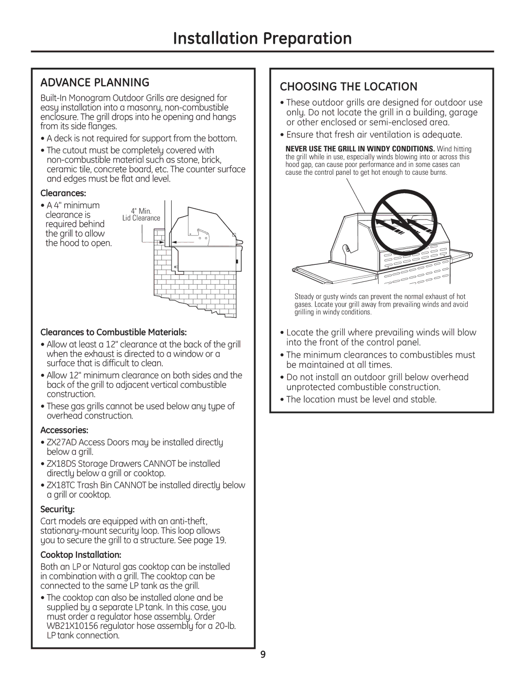 GE Monogram Professional Outdoor Grills and Cooktop installation instructions Advance Planning, Choosing the Location 