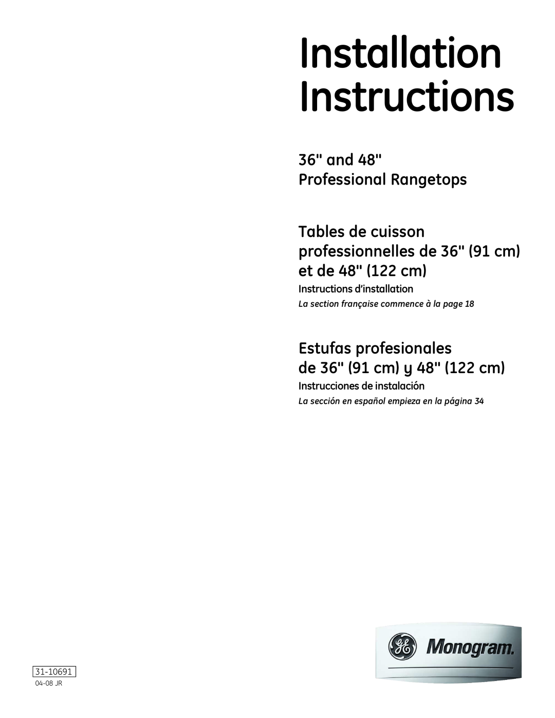 GE Monogram installation instructions Installation Instructions, and 48 Professional Rangetops, 31-10691 