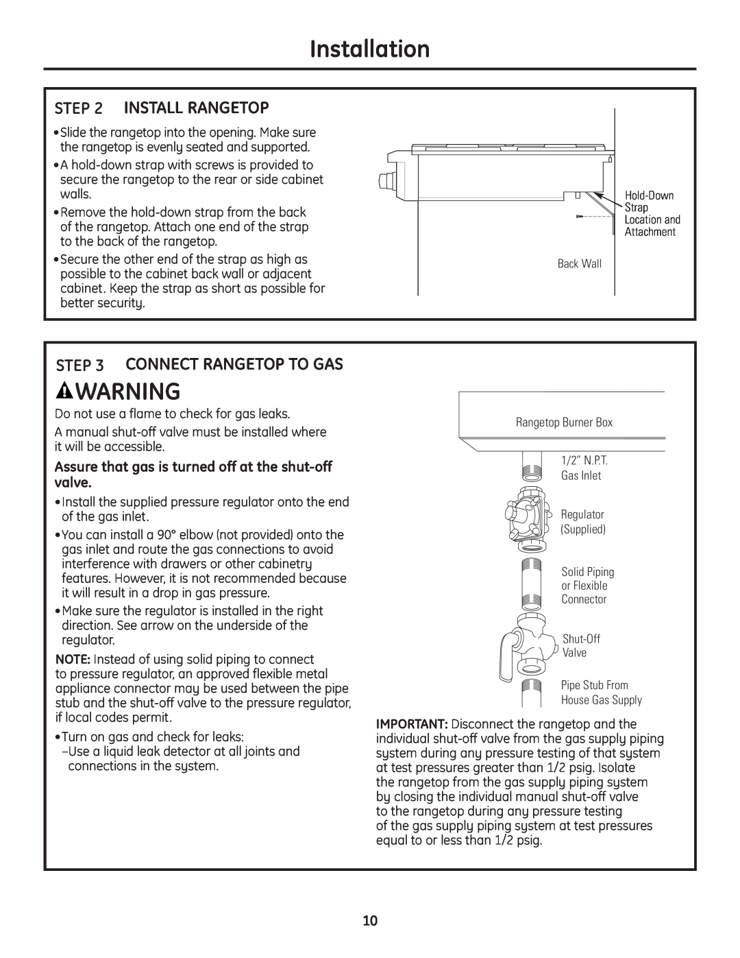 GE Monogram Professional Rangetop installation instructions Install Rangetop, Connect Rangetop To Gas, Installation 