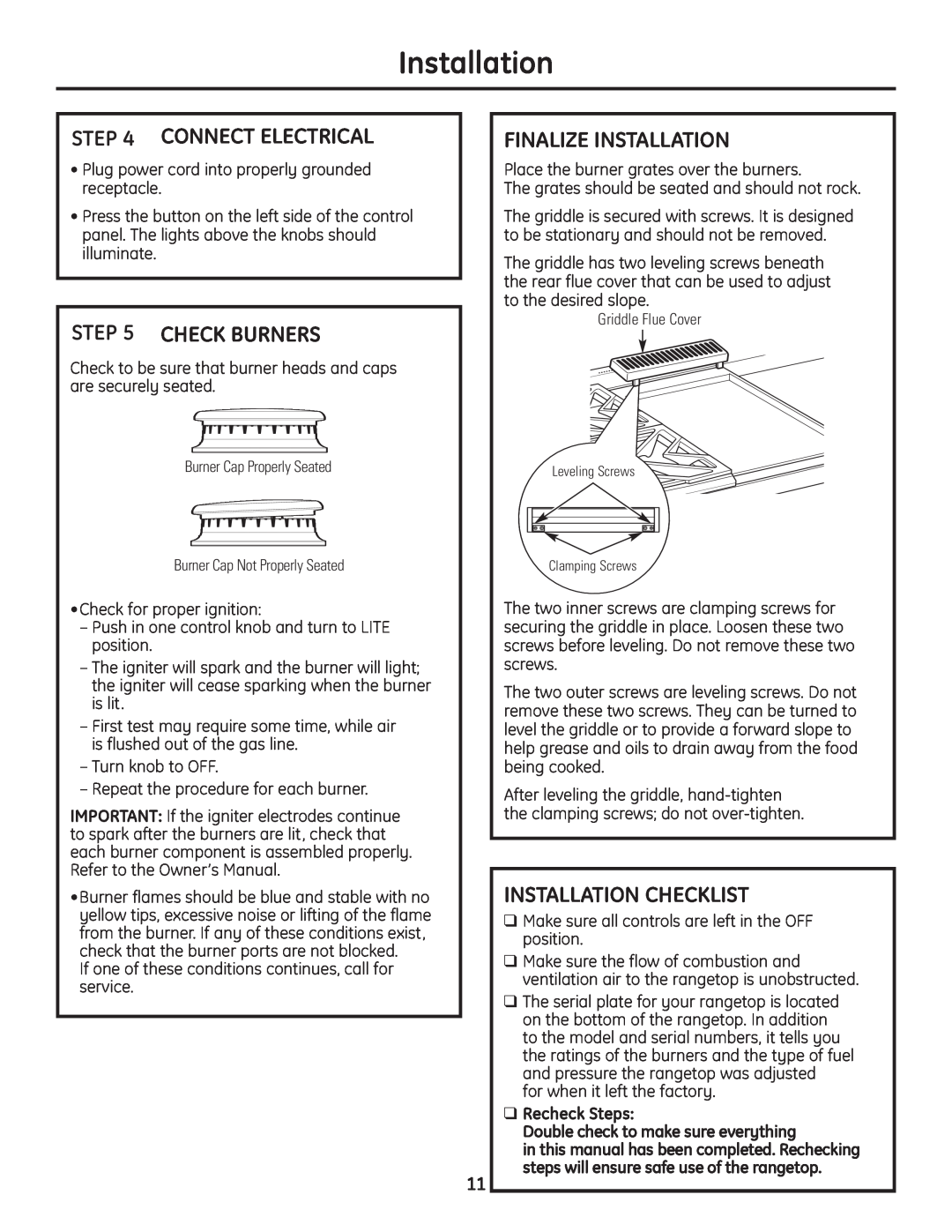 GE Monogram Professional Rangetop Connect Electrical, Check Burners, Finalize Installation, Installation Checklist 