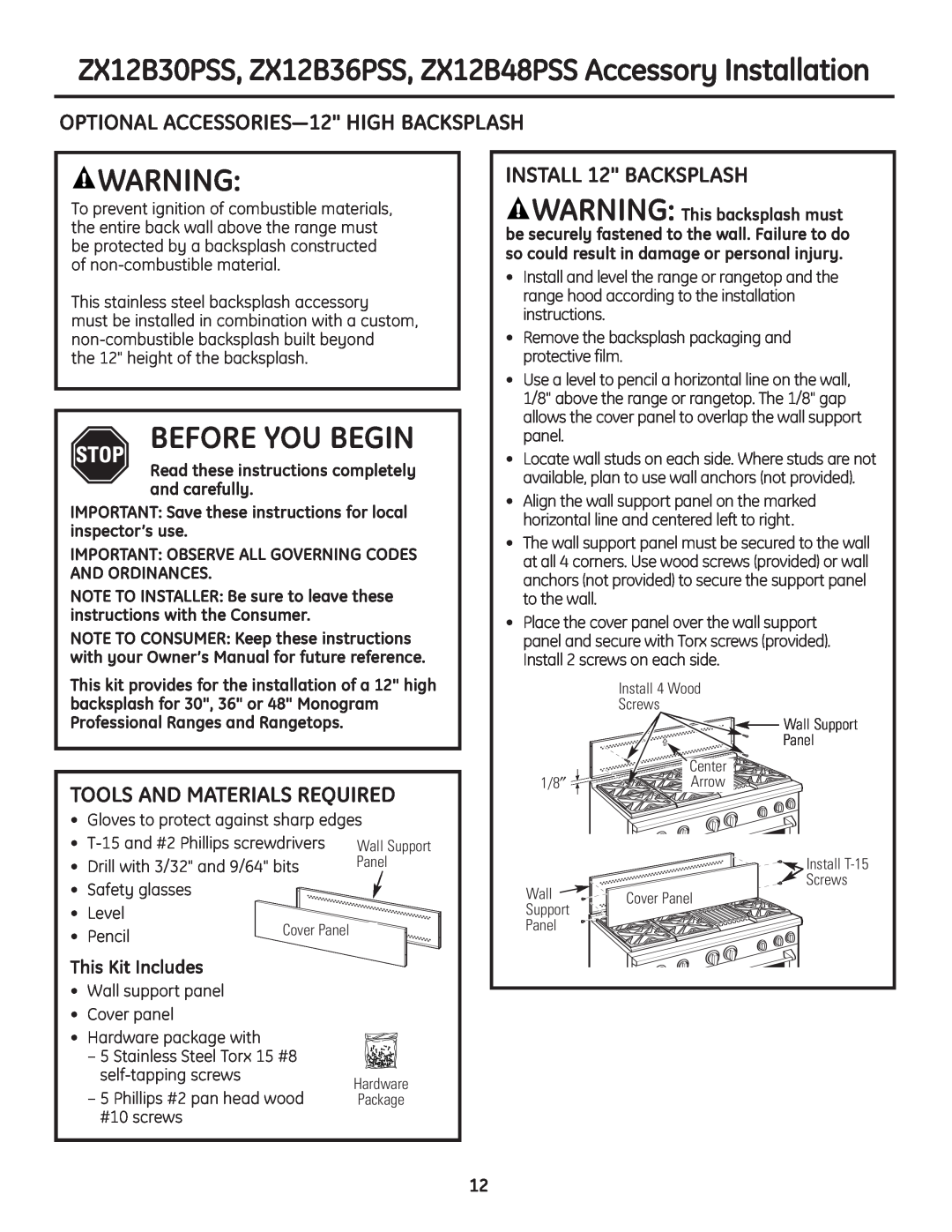 GE Monogram Professional Rangetop ZX12B30PSS, ZX12B36PSS, ZX12B48PSS Accessory Installation, Tools And Materials Required 