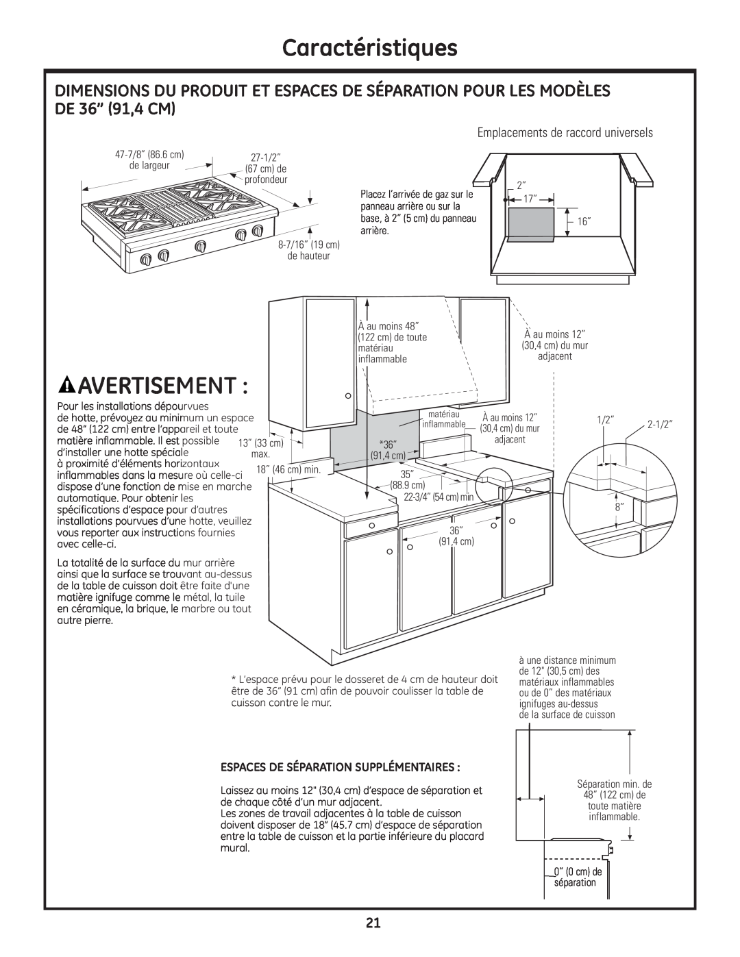 GE Monogram Professional Rangetop Avertisement, Emplacements de raccord universels, Caractéristiques 