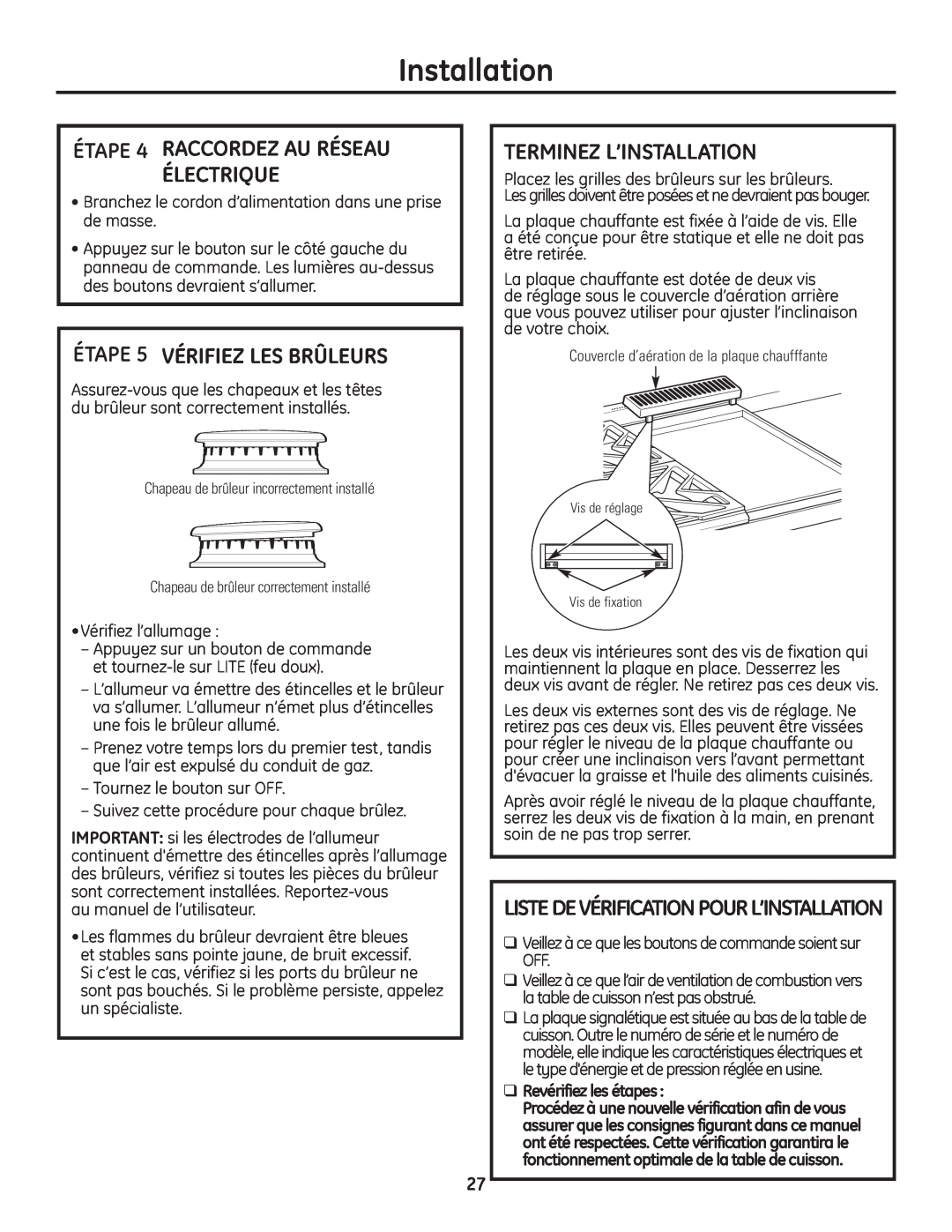 GE Monogram Professional Rangetop ÉTAPE 5 VÉRIFIEZ LES BRÛLEURS, Terminez L’Installation, Revérifiez les étapes 