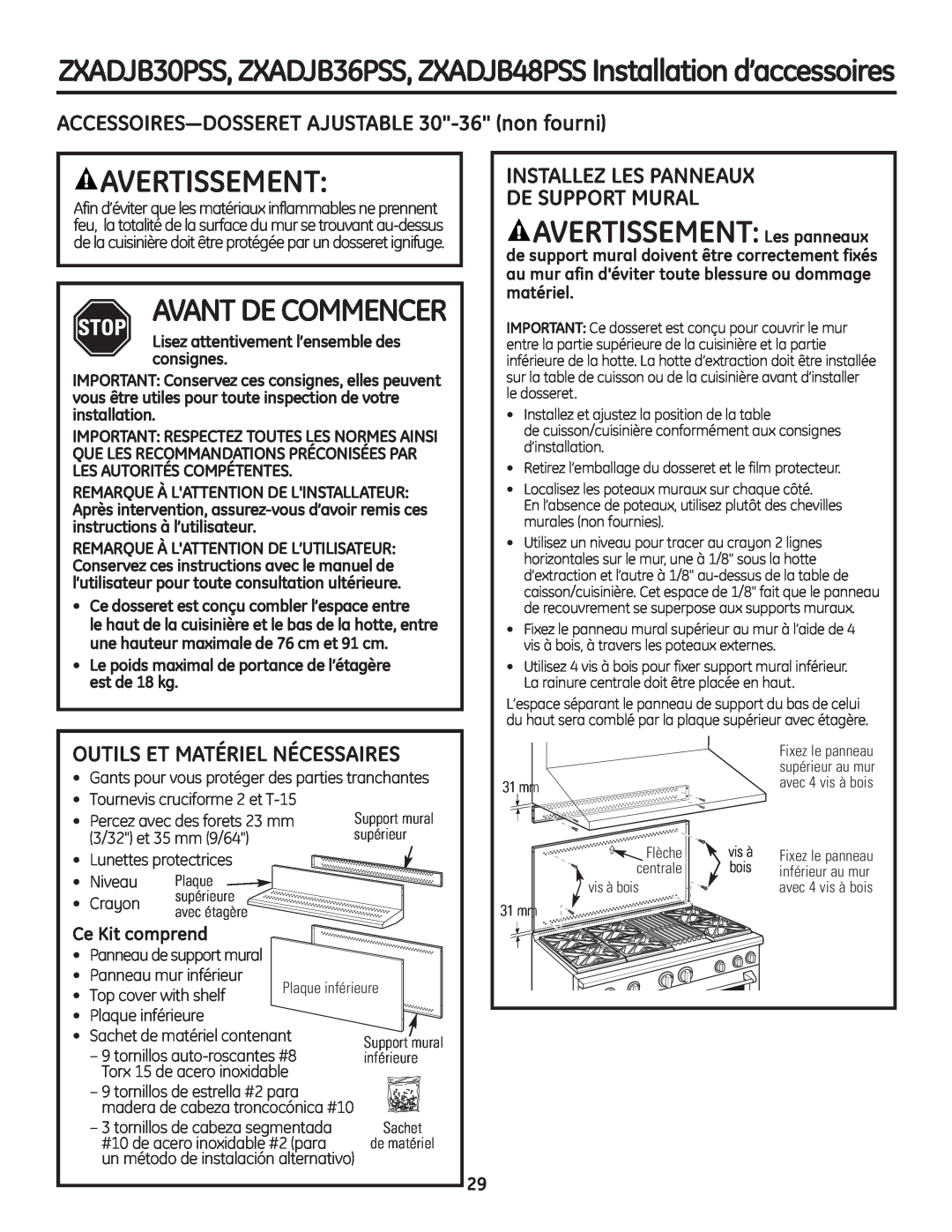 GE Monogram Professional Rangetop AVERTISSEMENT Les panneaux, ACCESSOIRES-DOSSERET AJUSTABLE 30-36 non fourni 