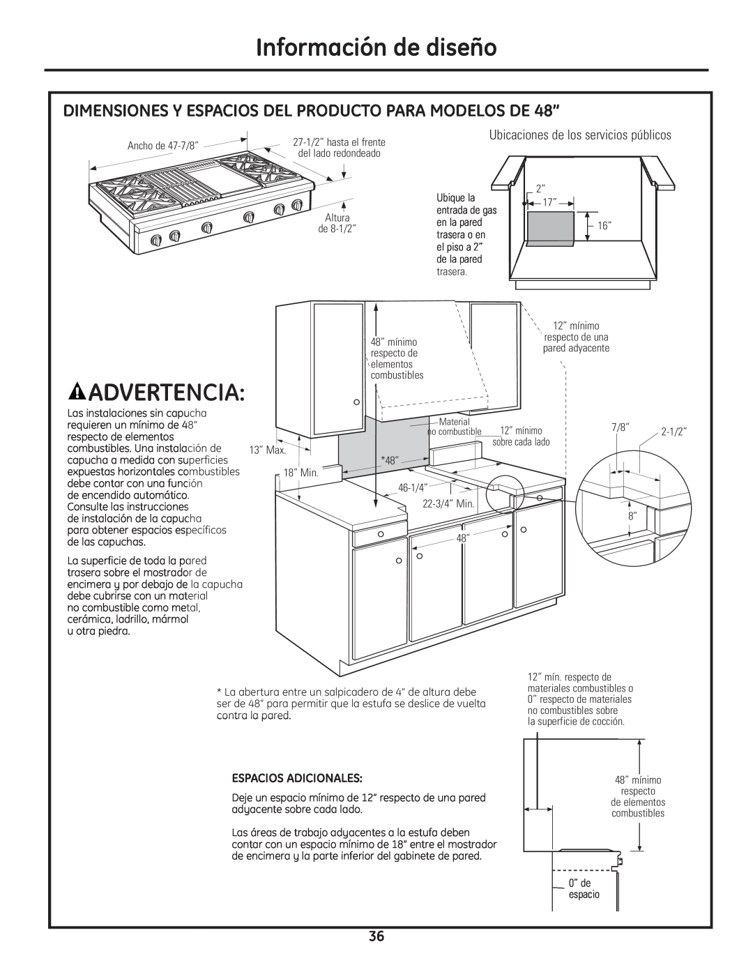 GE Monogram Professional Rangetop Advertencia, DIMENSIONES Y ESPACIOS DEL PRODUCTO PARA MODELOS DE 48” 