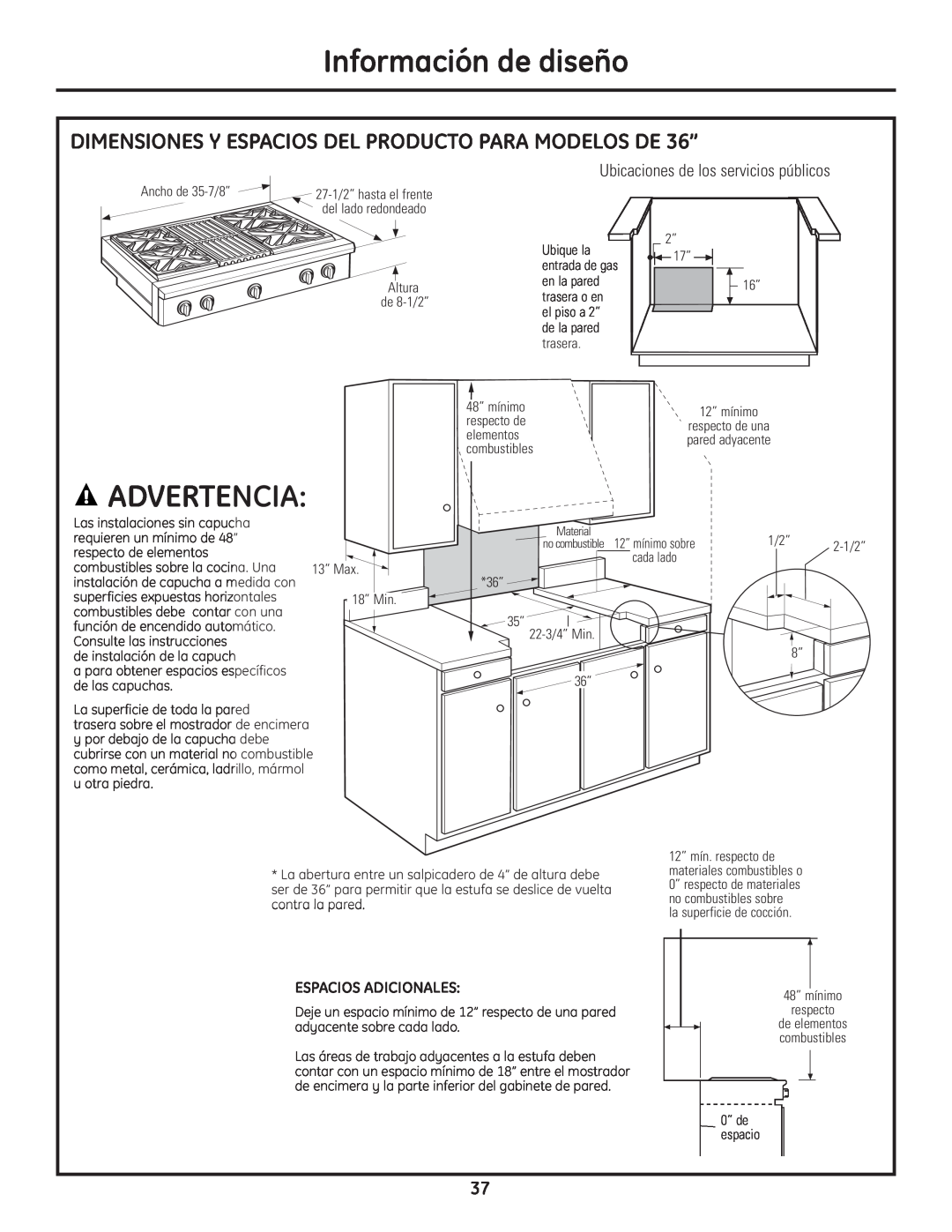 GE Monogram Professional Rangetop DIMENSIONES Y ESPACIOS DEL PRODUCTO PARA MODELOS DE 36”, Información de diseño 