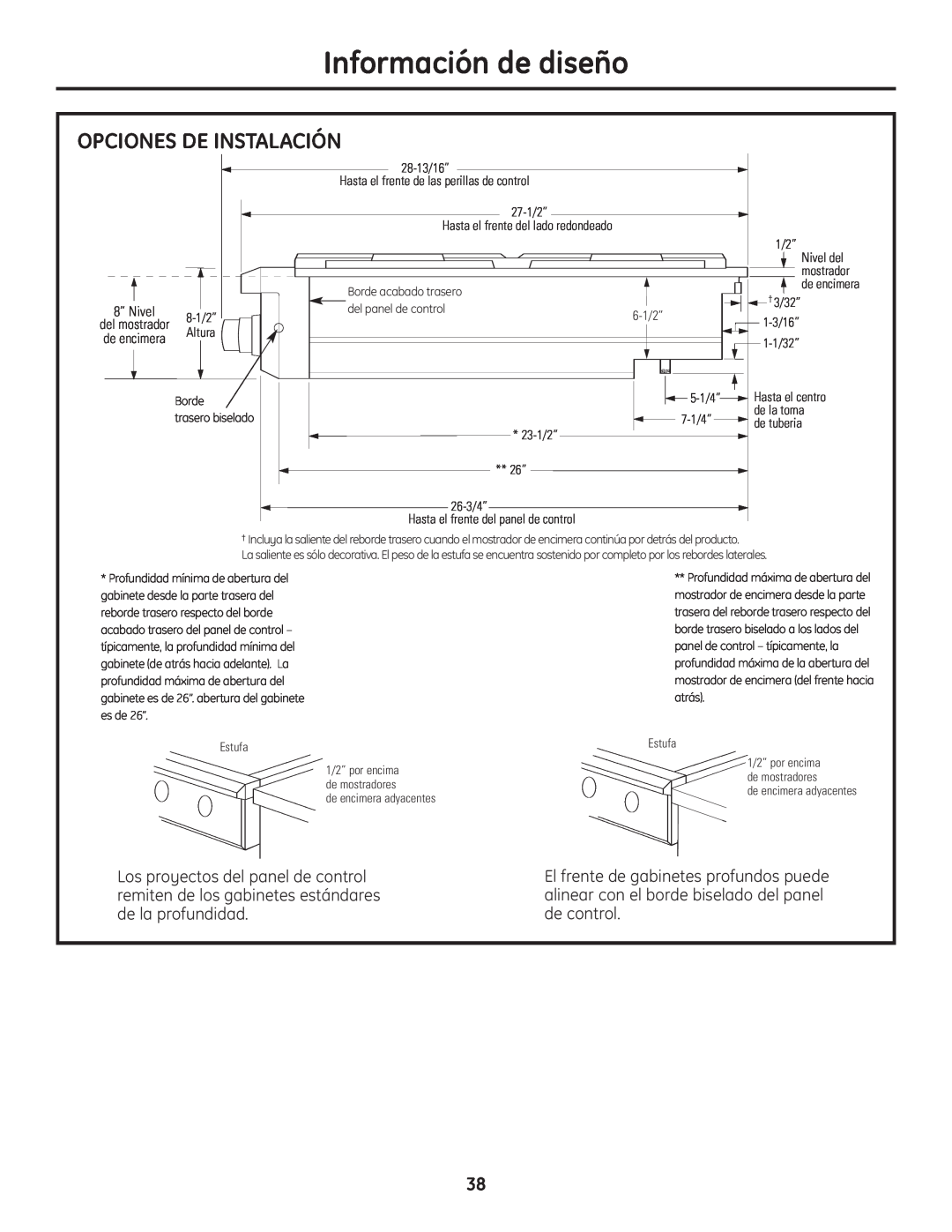 GE Monogram Professional Rangetop installation instructions Opciones De Instalación, Información de diseño 