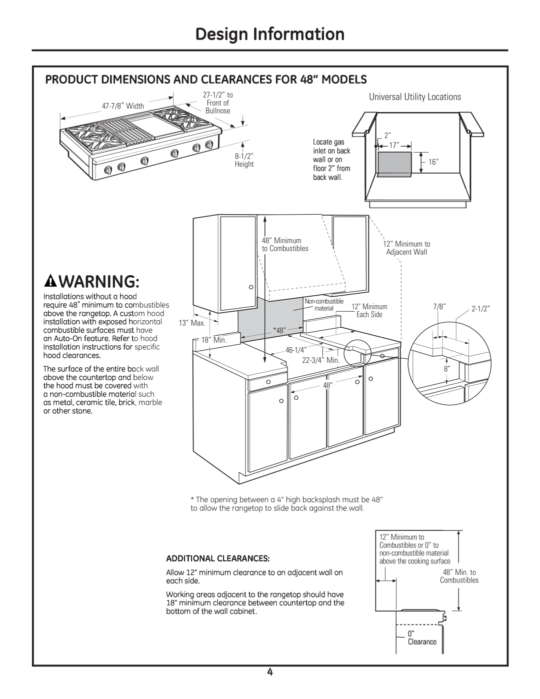 GE Monogram Professional Rangetop PRODUCT DIMENSIONS AND CLEARANCES FOR 48” MODELS, Design Information 