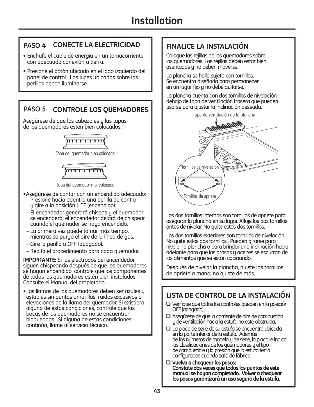 GE Monogram Professional Rangetop PASO 4 CONECTE LA ELECTRICIDAD, PASO 5 CONTROLE LOS QUEMADORES, Finalice La Instalación 