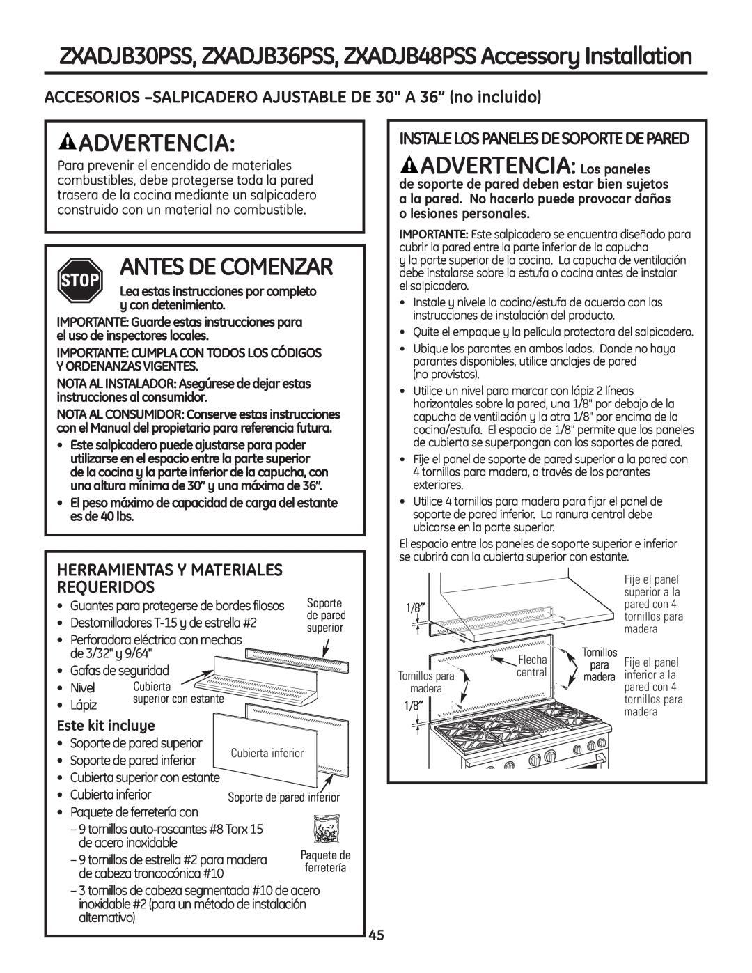 GE Monogram Professional Rangetop ADVERTENCIA Los paneles, Antes De Comenzar, Instalelospanelesdesoportedepared 