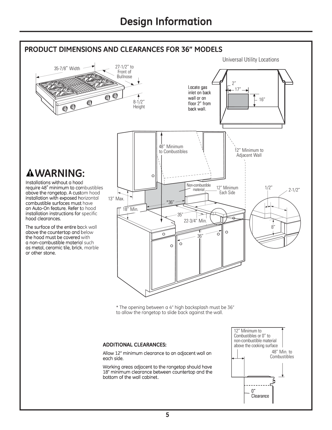 GE Monogram Professional Rangetop PRODUCT DIMENSIONS AND CLEARANCES FOR 36” MODELS, Universal Utility Locations 