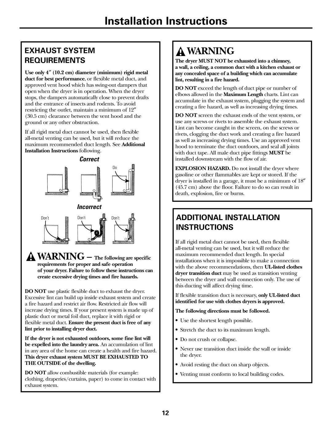 GE Monogram PSXH43 Exhaust System Requirements, Correct Incorrect, Following directions must be followed 