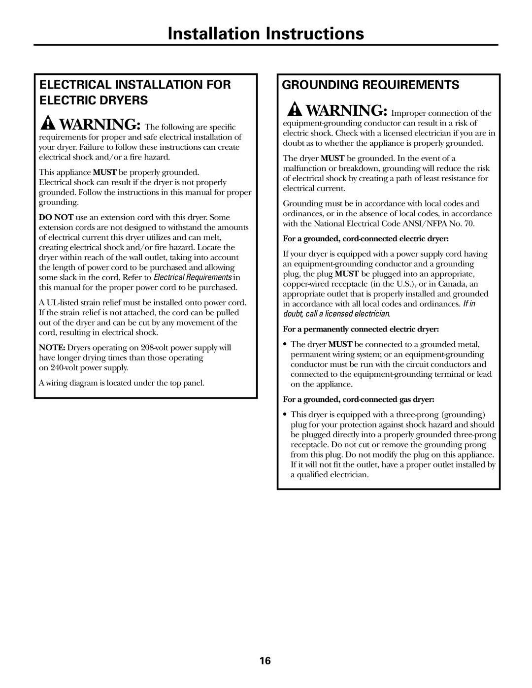 GE Monogram PSXH43 operating instructions Electrical Installation for Electric Dryers, Grounding Requirements 