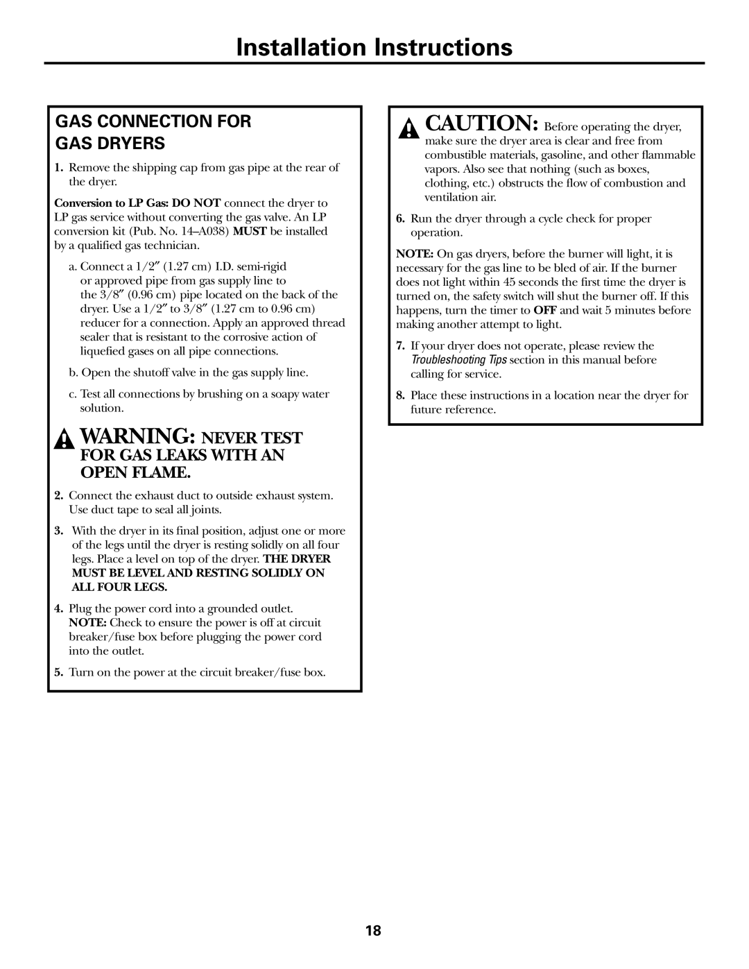 GE Monogram PSXH43 operating instructions GAS Connection for GAS Dryers, Must be Level and Resting Solidly on ALL Four Legs 