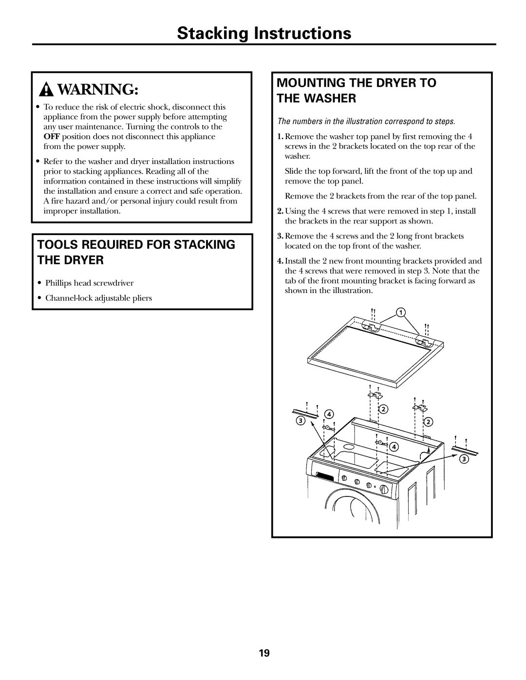 GE Monogram DCXH46, PSXH43, DSXH43, DPXH46, DH43 Tools Required for Stacking the Dryer, Mounting the Dryer to the Washer 