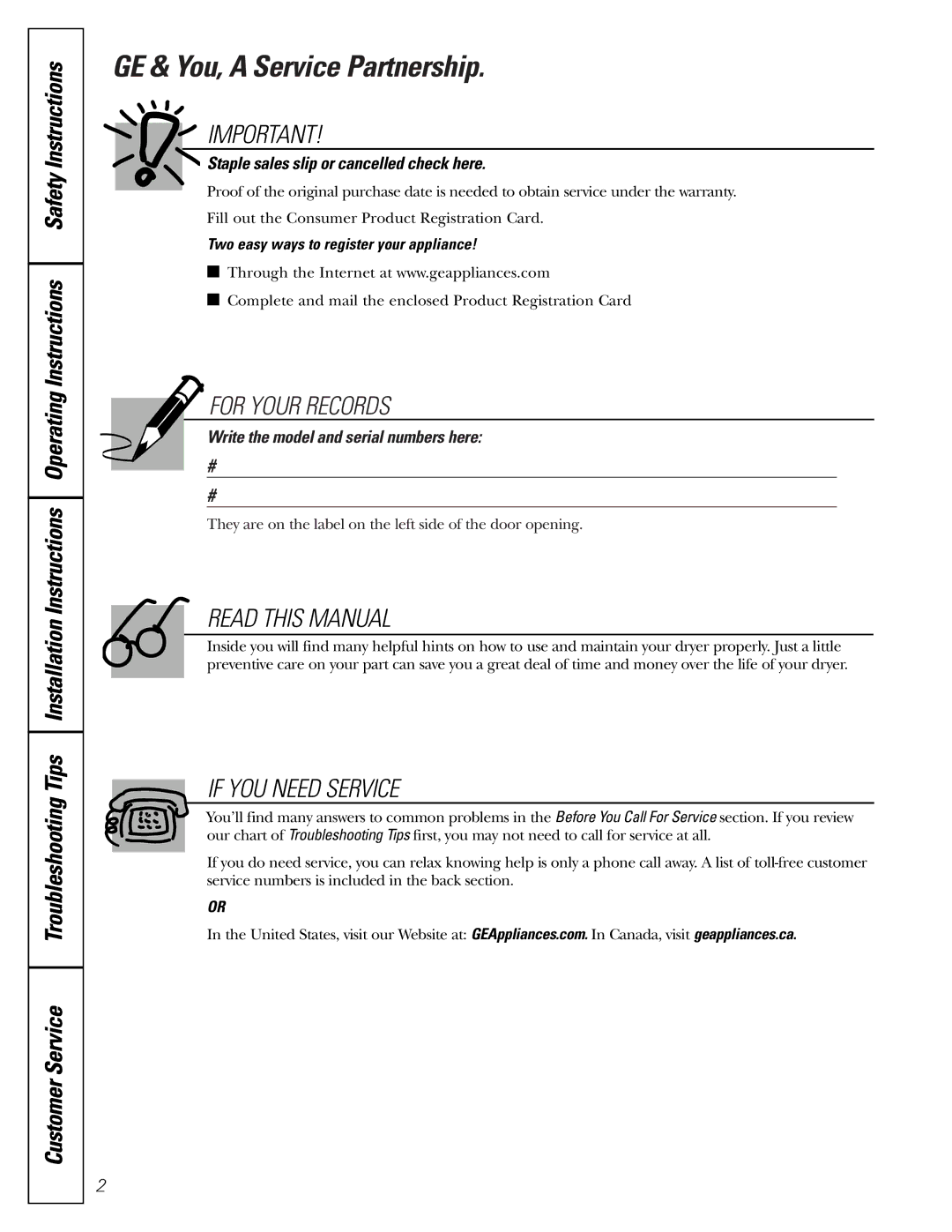 GE Monogram PSXH43 operating instructions GE & You, a Service Partnership, Two easy ways to register your appliance 