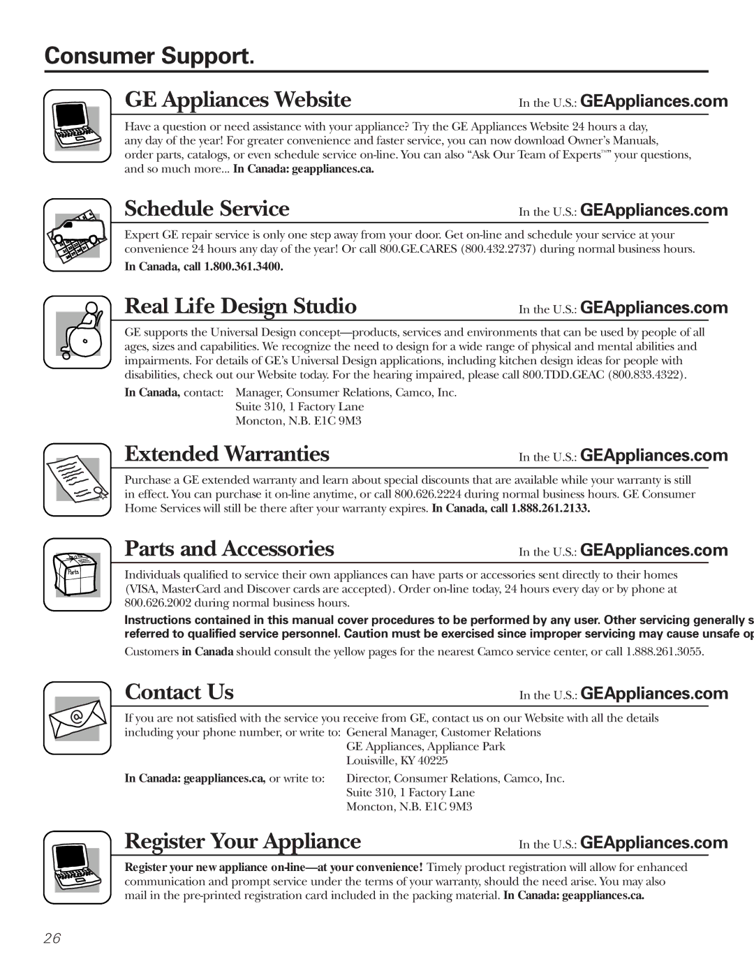 GE Monogram PSXH43 operating instructions Consumer Support, Canada, call, Canada geappliances.ca, or write to 