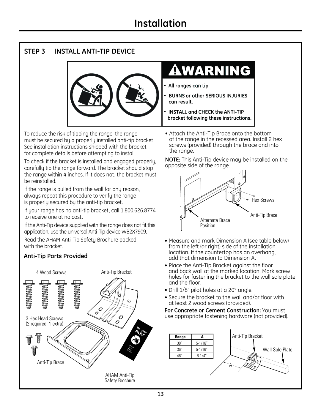 GE Monogram Range Anti-Tip Parts Provided, Anti-Tip Brace Aham Anti-Tip Safety Brochure, Anti-Tip Bracket 