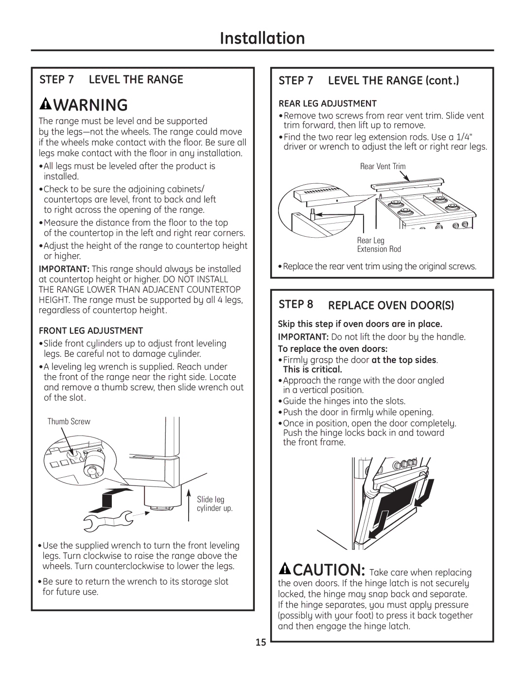 GE Monogram installation instructions Level the Range, Replace Oven Doors, Front LEG Adjustment, Rear LEG Adjustment 