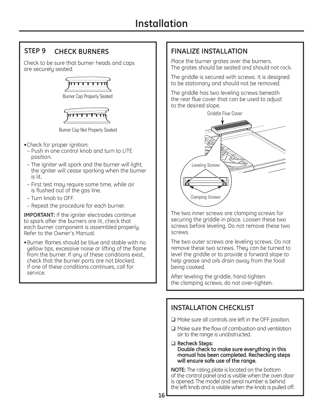 GE Monogram Range installation instructions Check Burners, Finalize Installation, Installation Checklist, Recheck Steps 