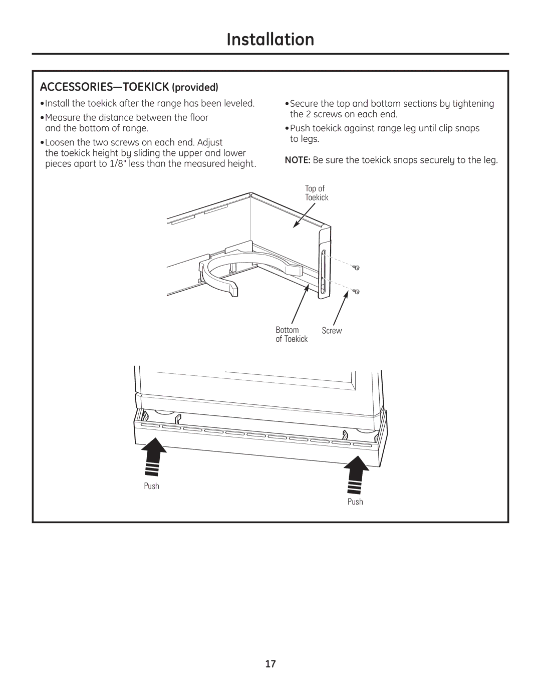 GE Monogram Range installation instructions ACCESSORIES-TOEKICK provided, Top Toekick Bottom, Toekick Push 