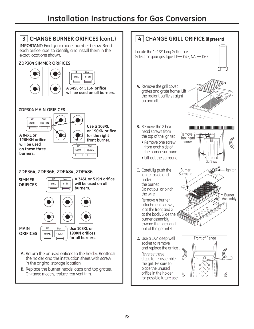 GE Monogram Range Installation Instructions for Gas Conversion, Change Burner Orifices, Change Grill Orifice if present 