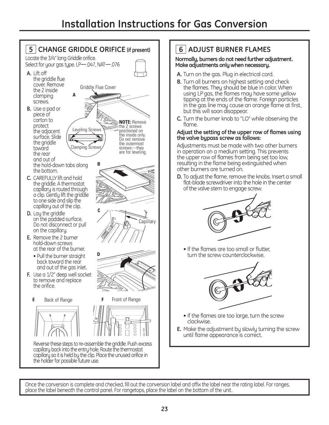 GE Monogram Range installation instructions Change Griddle Orifice if present, Adjust Burner Flames 