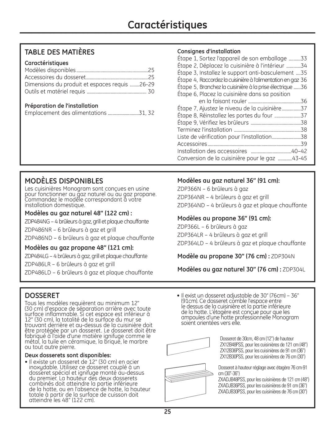 GE Monogram Range installation instructions Caractéristiques, Table DES Matières, Modèles Disponibles, Dosseret 