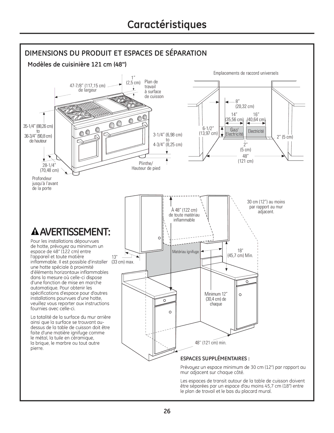 GE Monogram Range installation instructions Dimensions DU Produit ET Espaces DE Séparation, Modèles de cuisinière 121 cm 