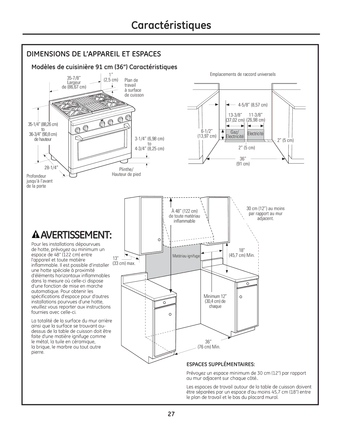 GE Monogram Range Dimensions DE L’APPAREIL ET Espaces, Modèles de cuisinière 91 cm 36’’ Caractéristiques 