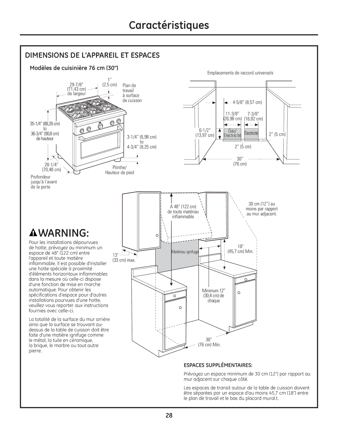 GE Monogram Range installation instructions Dimensions DE L’APPAREIL ET Espaces, Modèles de cuisinière 76 cm 30’’ 