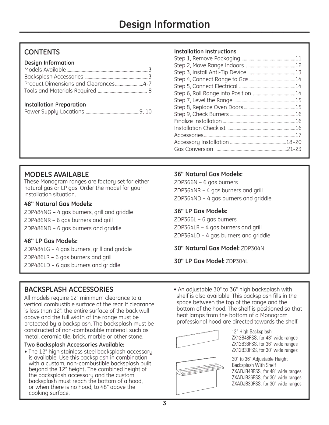 GE Monogram Range installation instructions Design Information, Contents, Models Available, Backsplash Accessories 