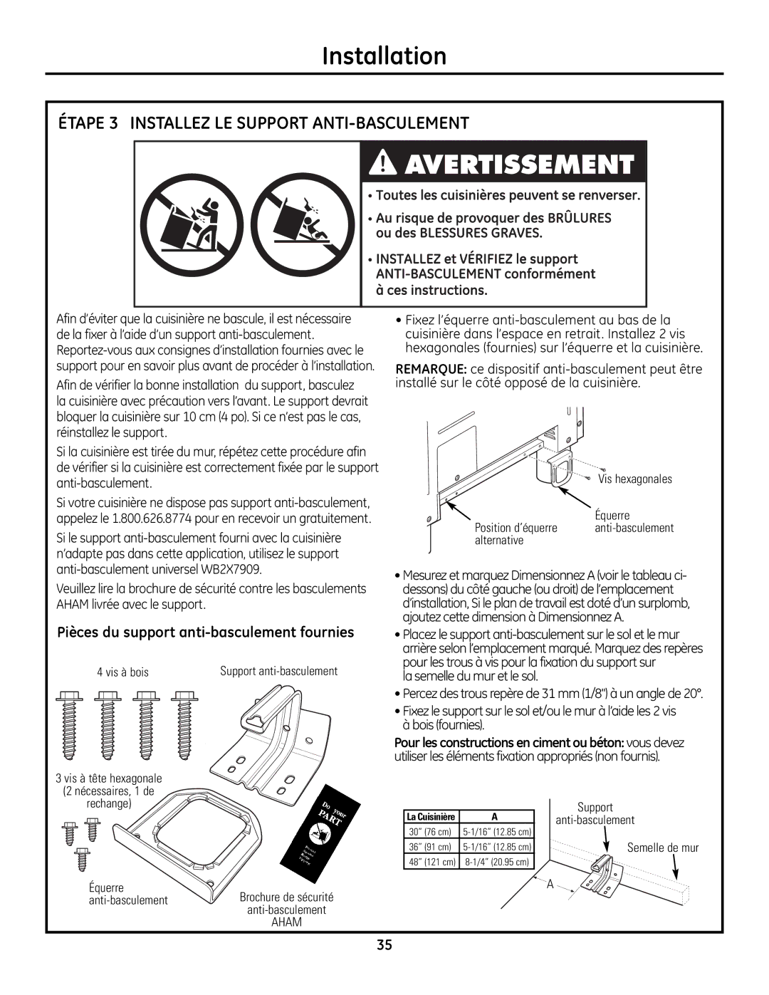 GE Monogram Range installation instructions Pièces du support anti-basculement fournies, Vis à bois 