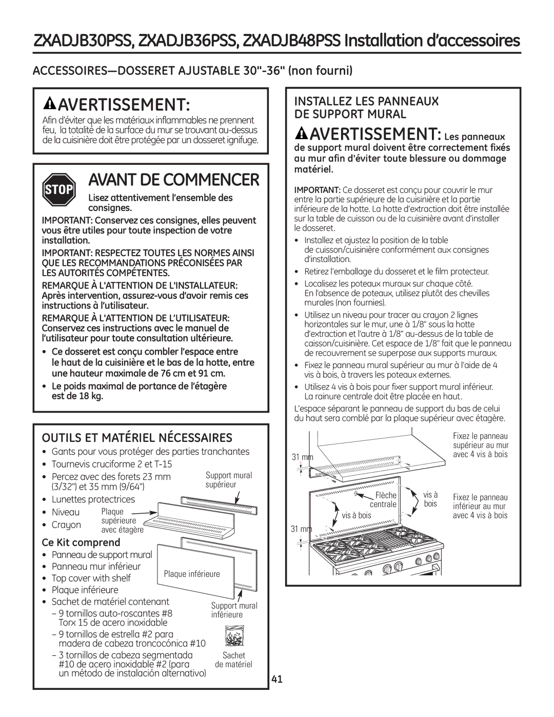 GE Monogram Range installation instructions Avertissement Les panneaux, ACCESSOIRES-DOSSERET Ajustable 30-36 non fourni 