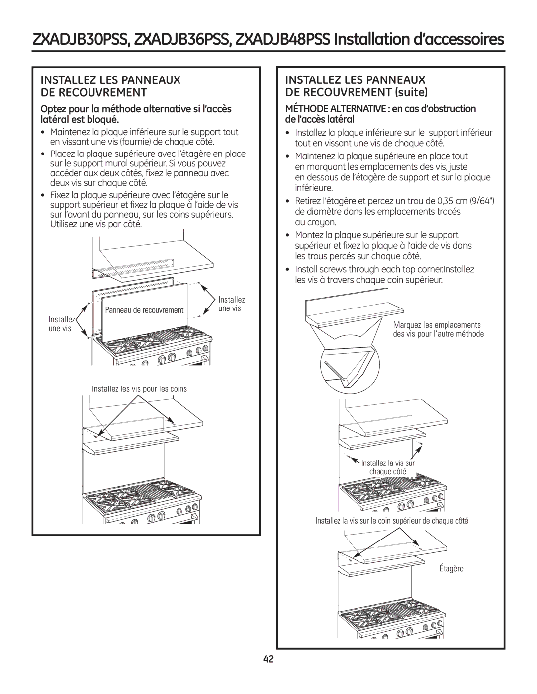 GE Monogram Range installation instructions Installez LES Panneaux DE Recouvrement, DE Recouvrement suite 