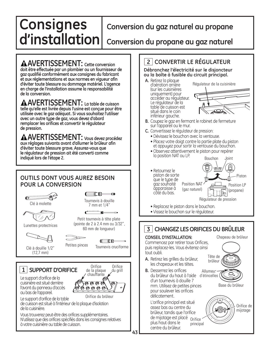 GE Monogram Range installation instructions Convertir LE Régulateur, Support D’ORIFICE 