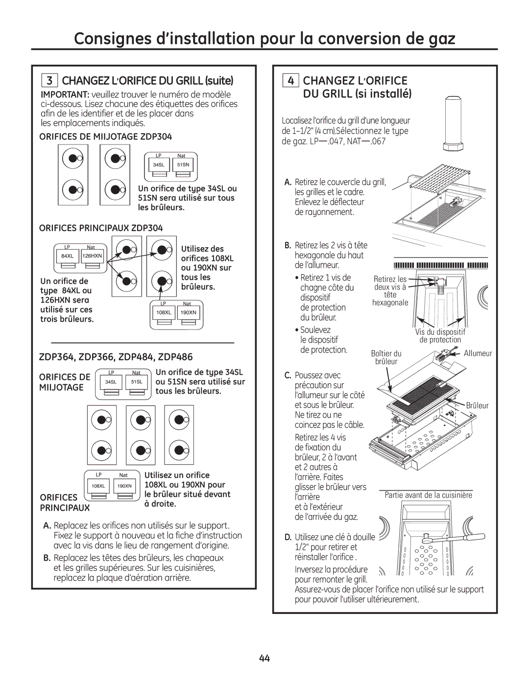 GE Monogram Range Consignes d’installation pour la conversion de gaz, Orifices DE Miijotage ZDP304, Principaux 