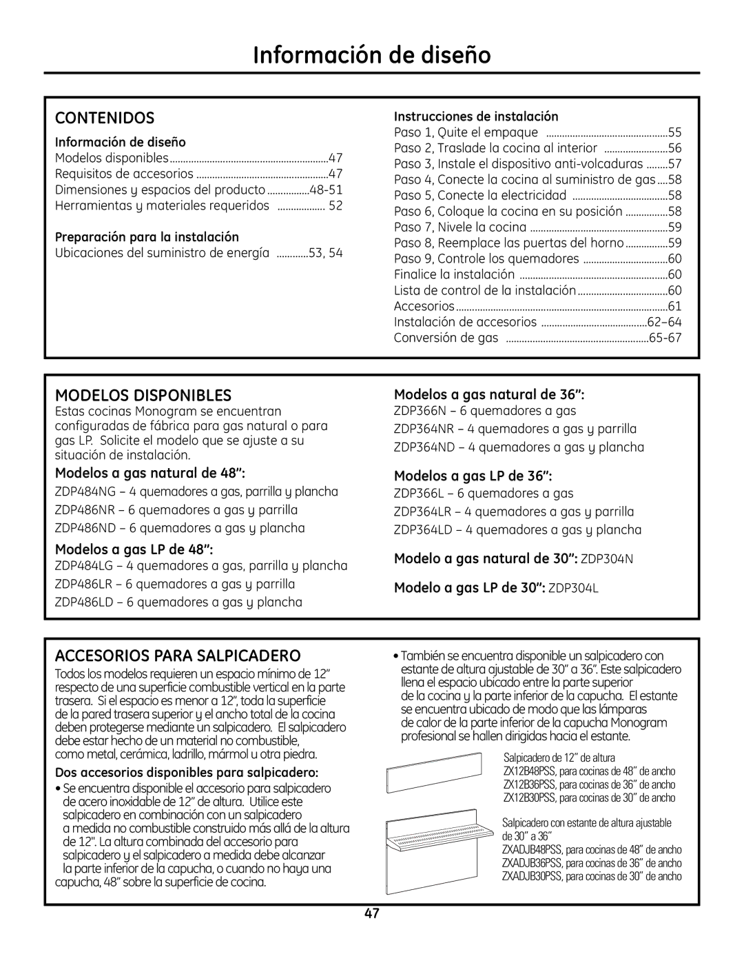 GE Monogram Range installation instructions Modelos a gas natural de, Modelos a gas LP de, Modelo a gas LP de 30 ZDP304L 