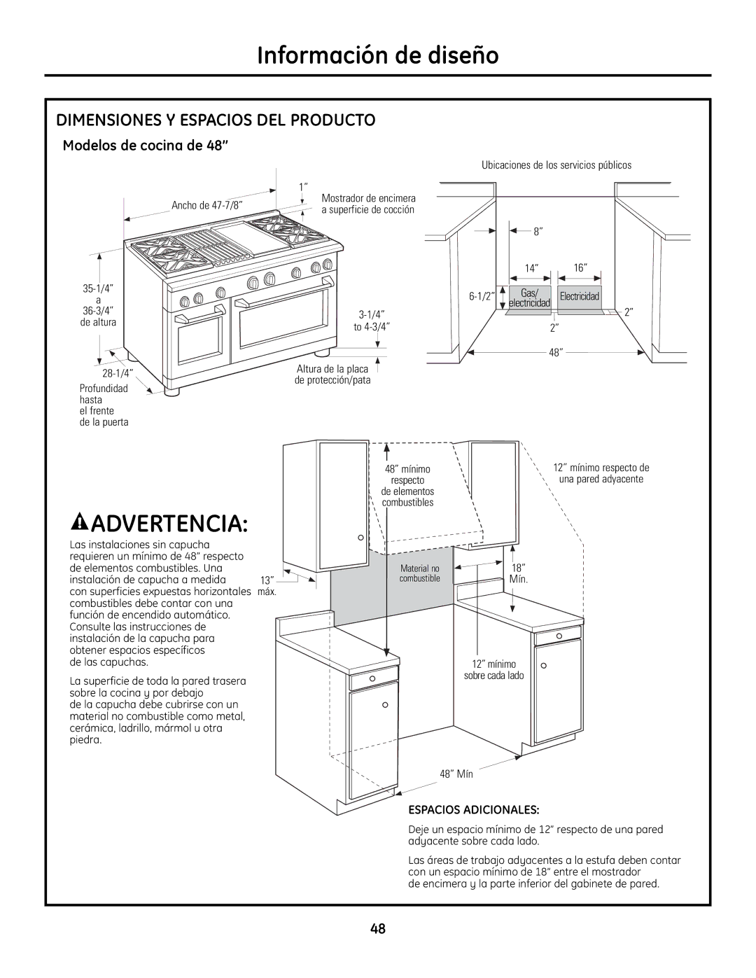 GE Monogram Range installation instructions Dimensiones Y Espacios DEL Producto 